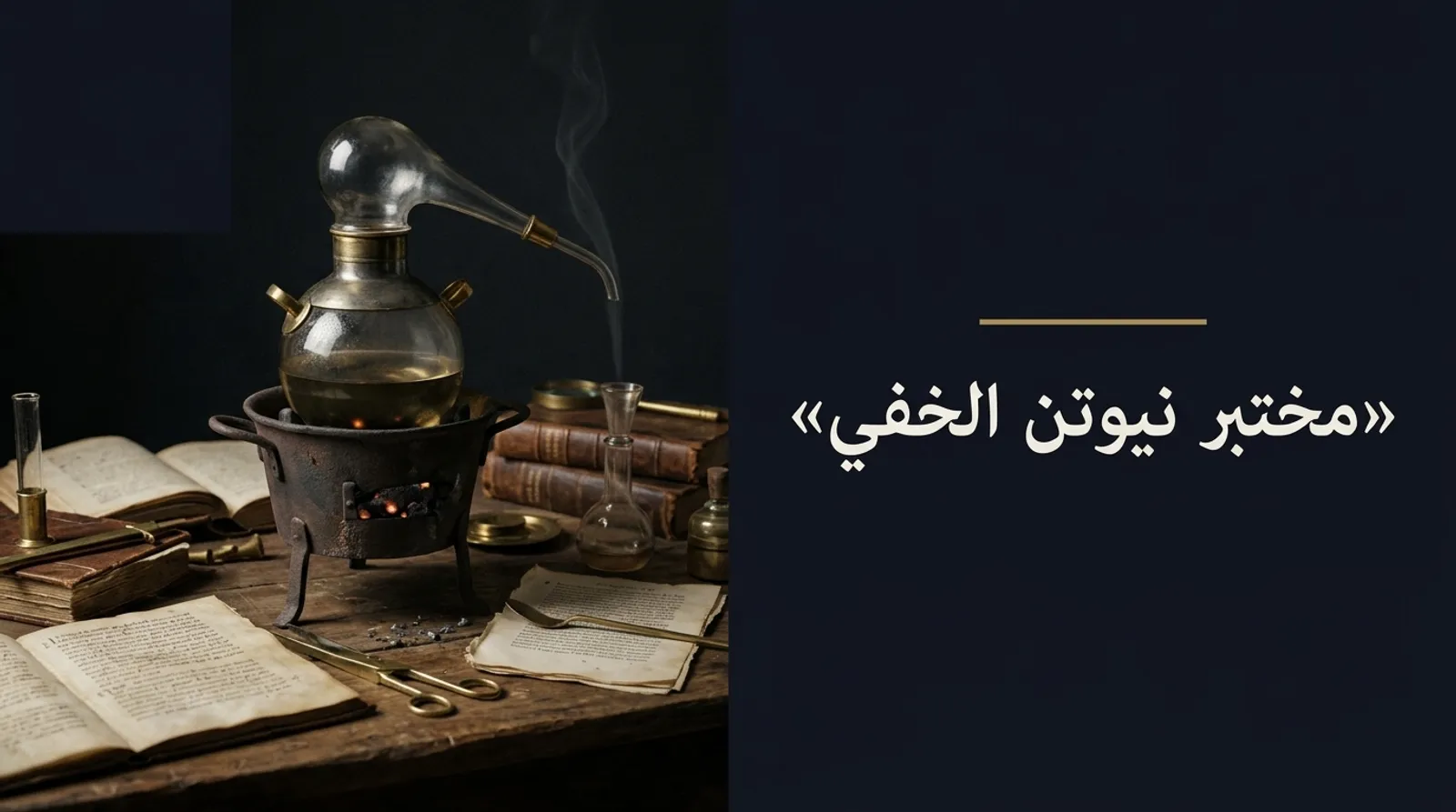 جهاز تقطير خيميائي فوق موقد، وإلى جانبه عنوان «مختبر نيوتن الخفي»