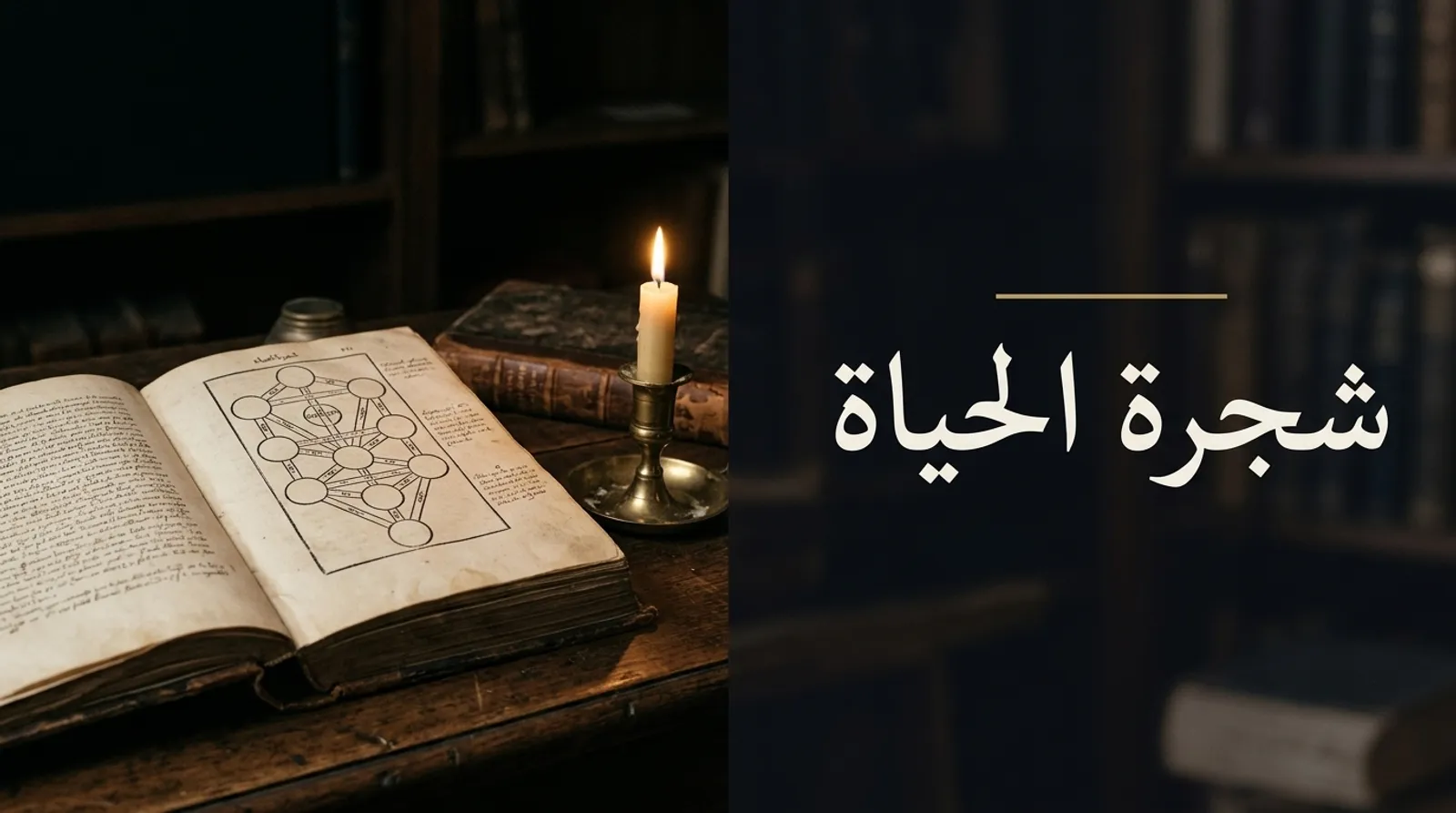 كتاب قديم مفتوح على رسم شجرة الحياة بجانب شمعة، وإلى جانبه عنوان «شجرة الحياة»