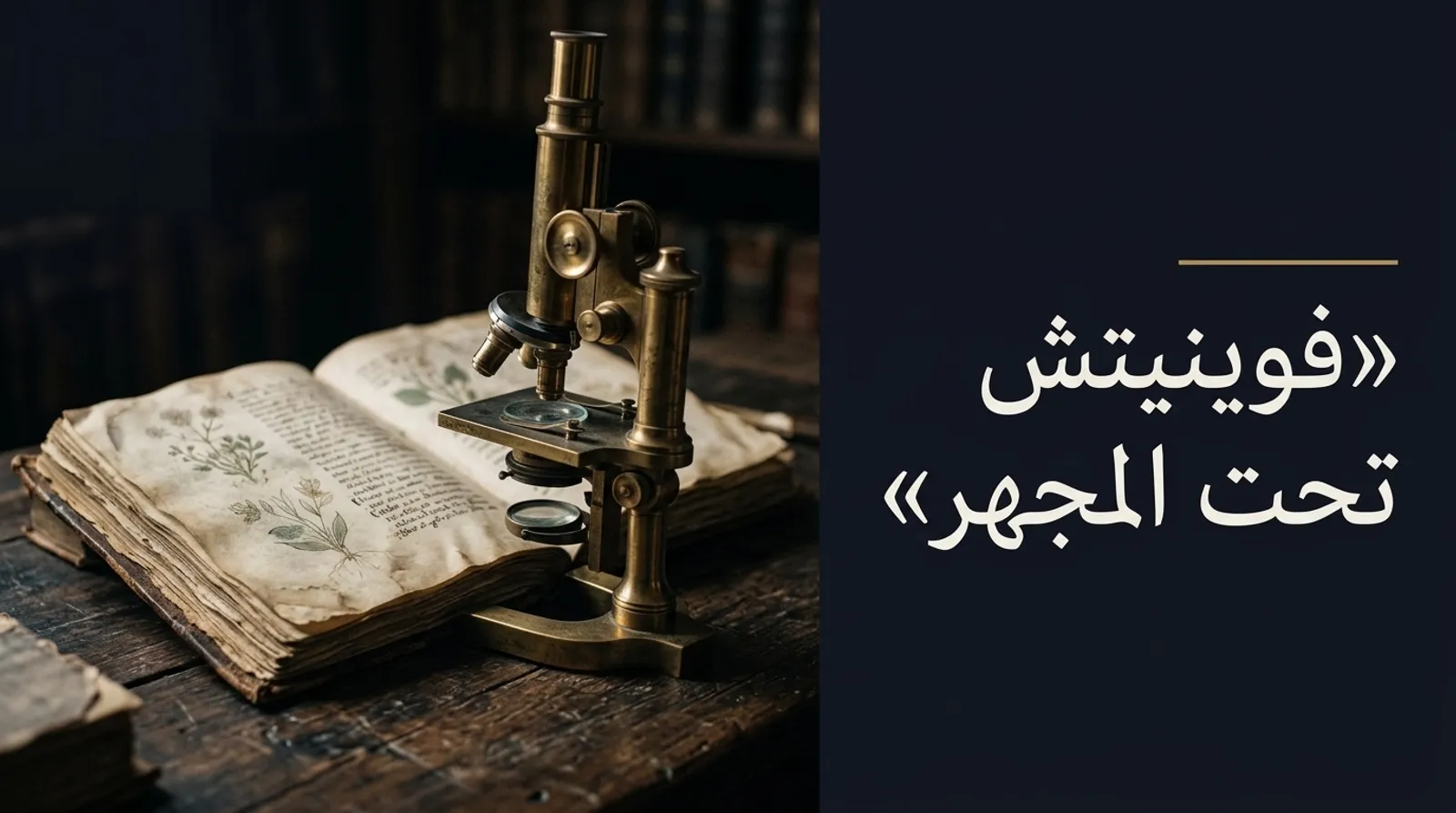 مخطوط قديم برسوم نباتات تحت مجهر نحاسي، وإلى جانبه عنوان «فوينيتش تحت المجهر»